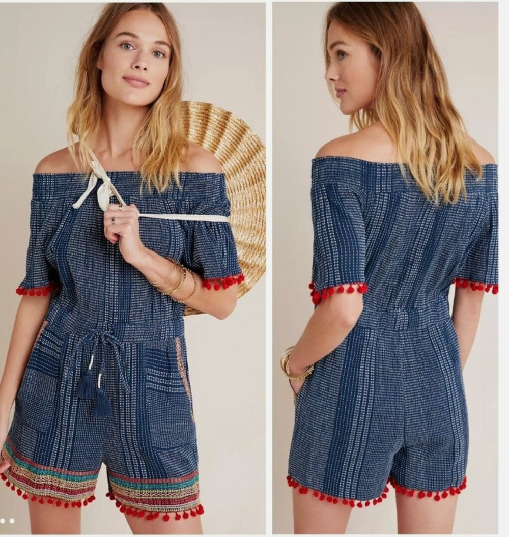 THML Anthro Lacey Pom pom Off The Shoulder Romper Size L Boho kantha Embroidery